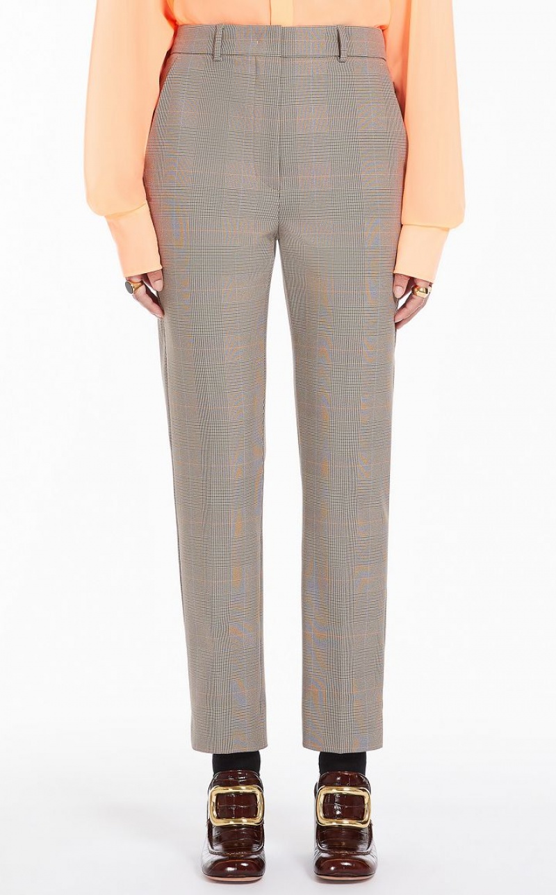 Calça Max Mara Straight In A Plain-weave Check Fabric Bege | MMR593760