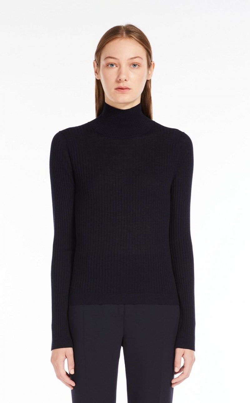 Knitwear Max Mara Rib Wool And Silk Polo-neck Azul Marinho | MMR593463