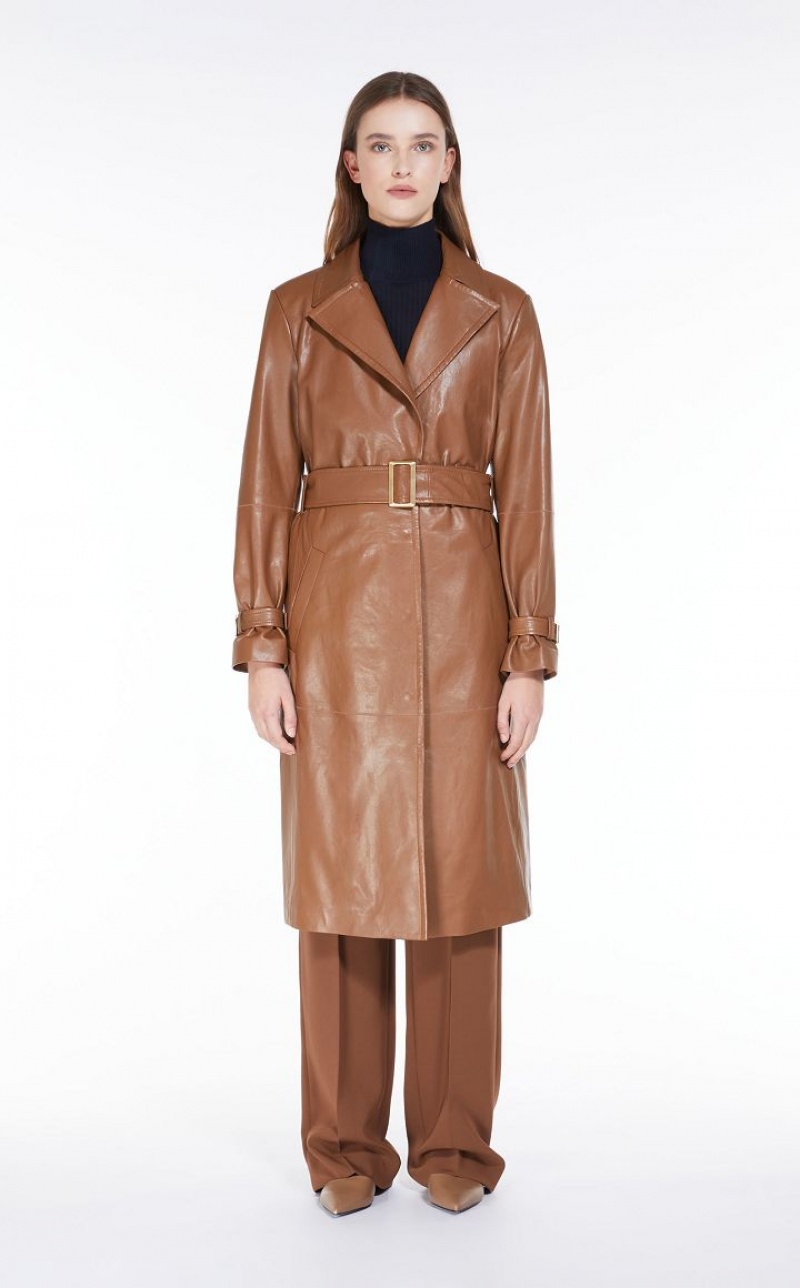 Leather Max Mara Belt-adorned Nappa Overcoat Marrom | MMR594018