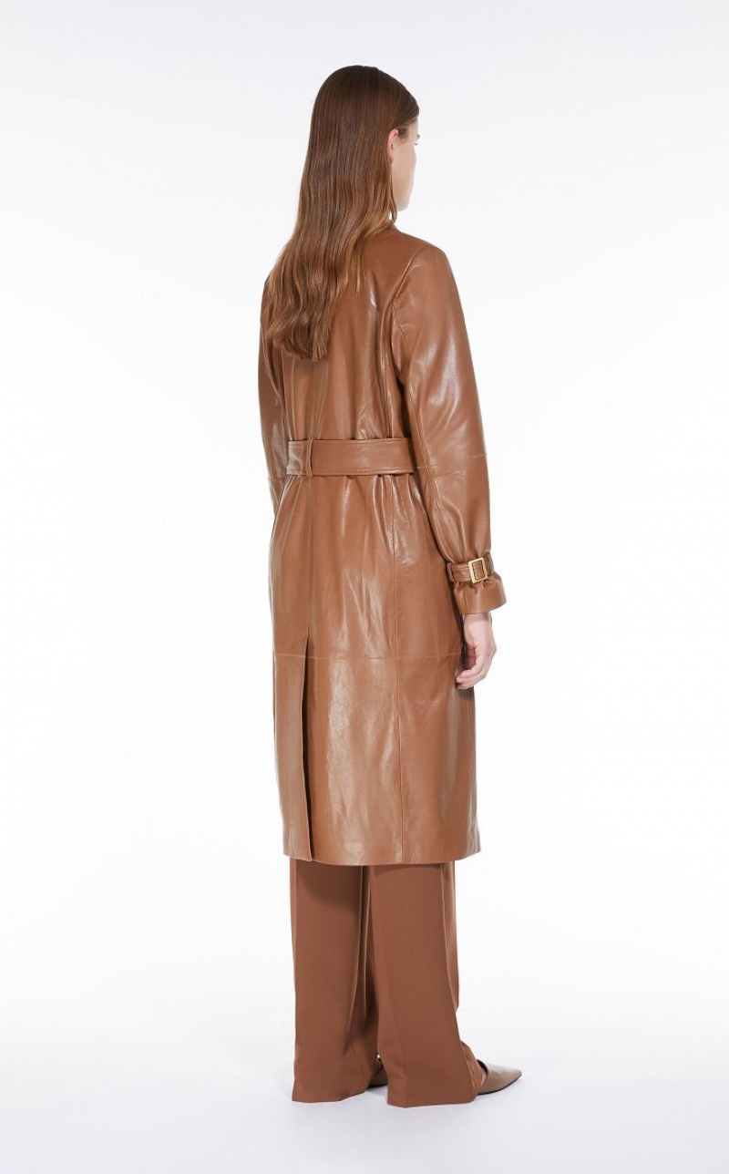 Leather Max Mara Belt-adorned Nappa Overcoat Marrom | MMR594018