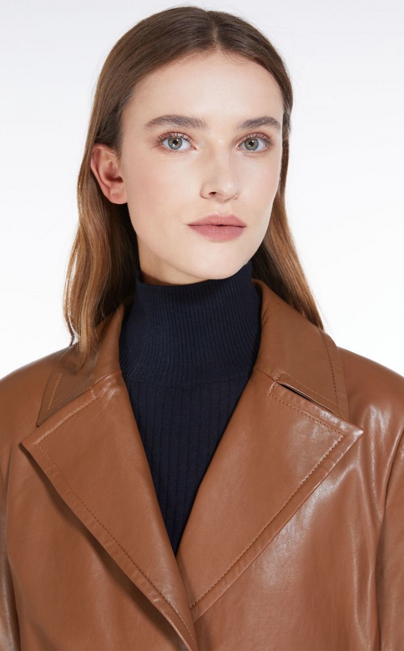 Leather Max Mara Belt-adorned Nappa Overcoat Marrom | MMR594018