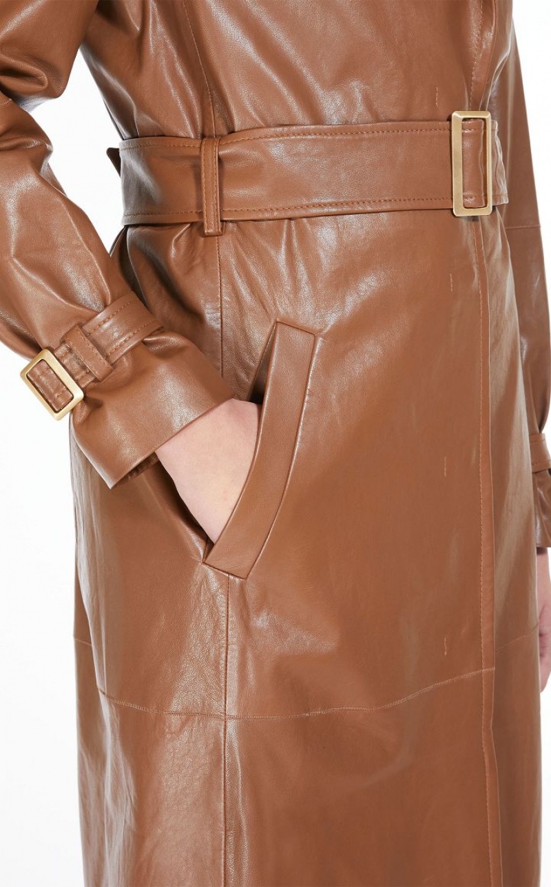 Leather Max Mara Belt-adorned Nappa Overcoat Marrom | MMR594018