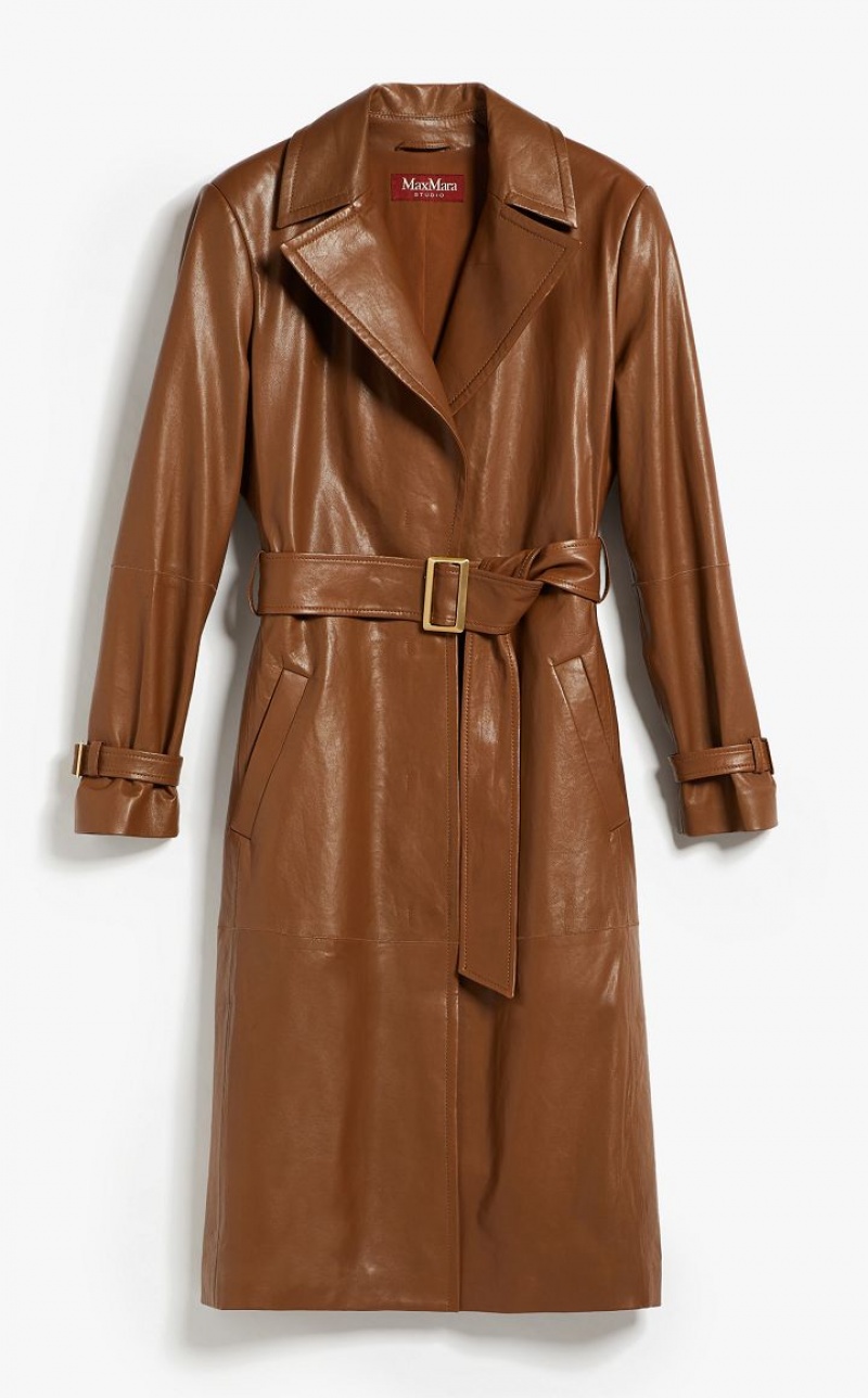 Leather Max Mara Belt-adorned Nappa Overcoat Marrom | MMR594018