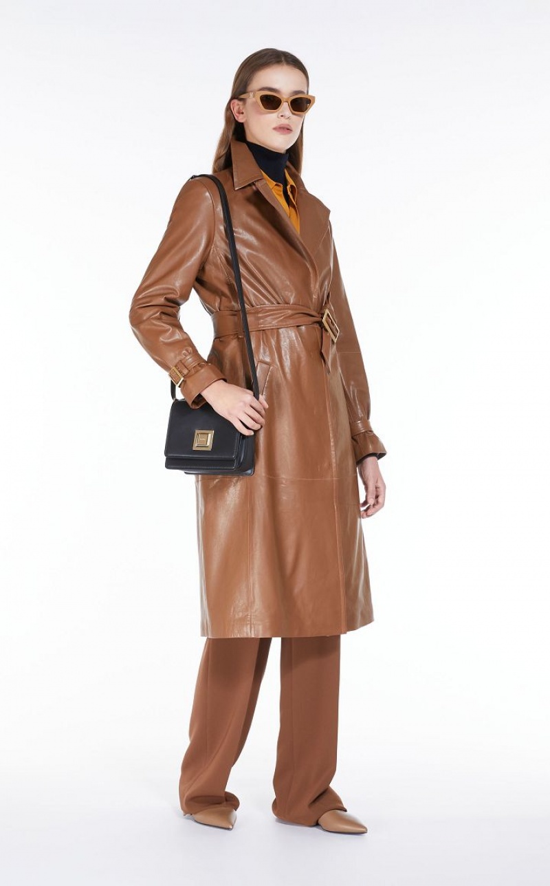 Leather Max Mara Belt-adorned Nappa Overcoat Marrom | MMR594018