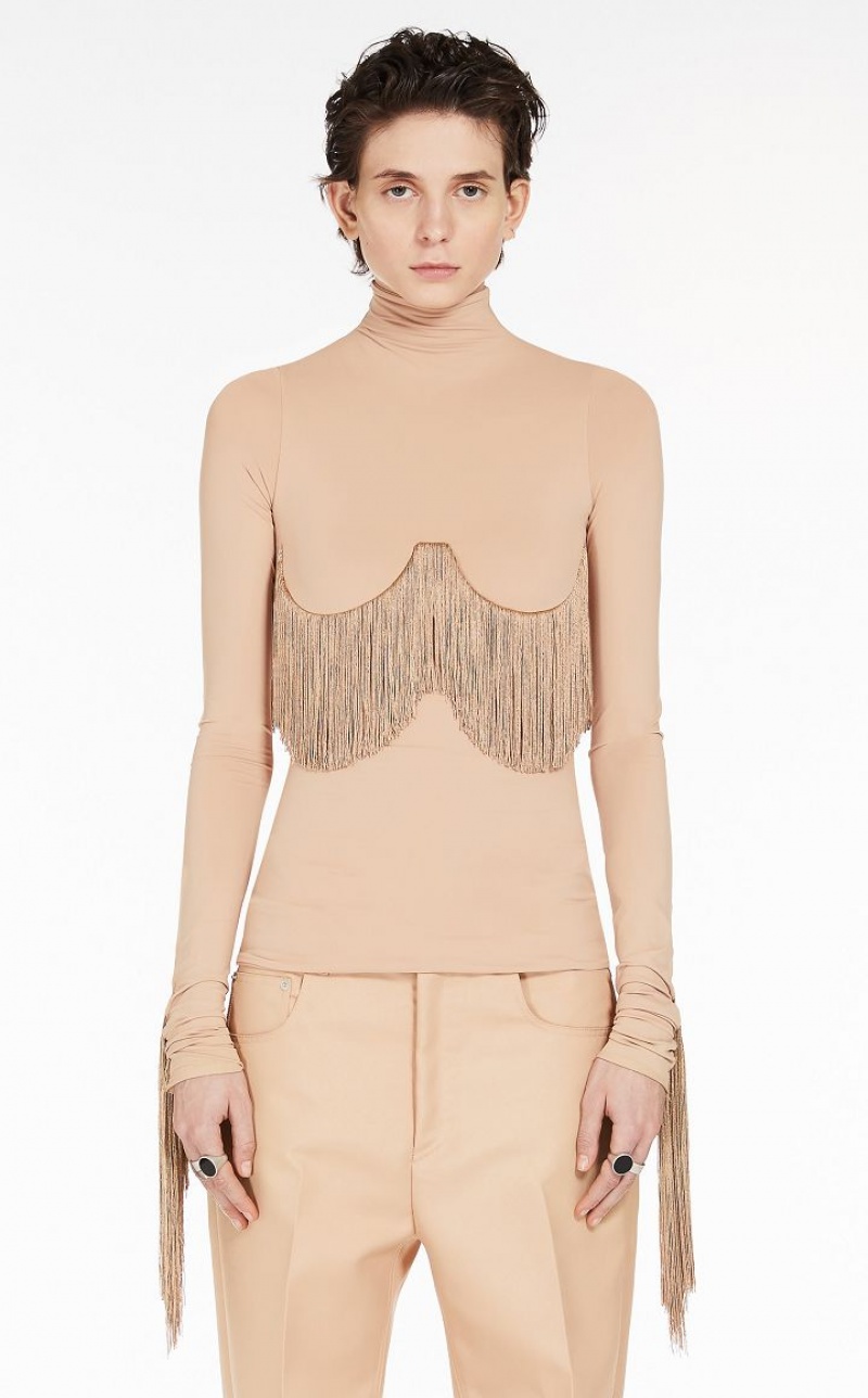 Tops Max Mara Long Fringe-adorned Mock Polo-neck Abricó | MMR593647