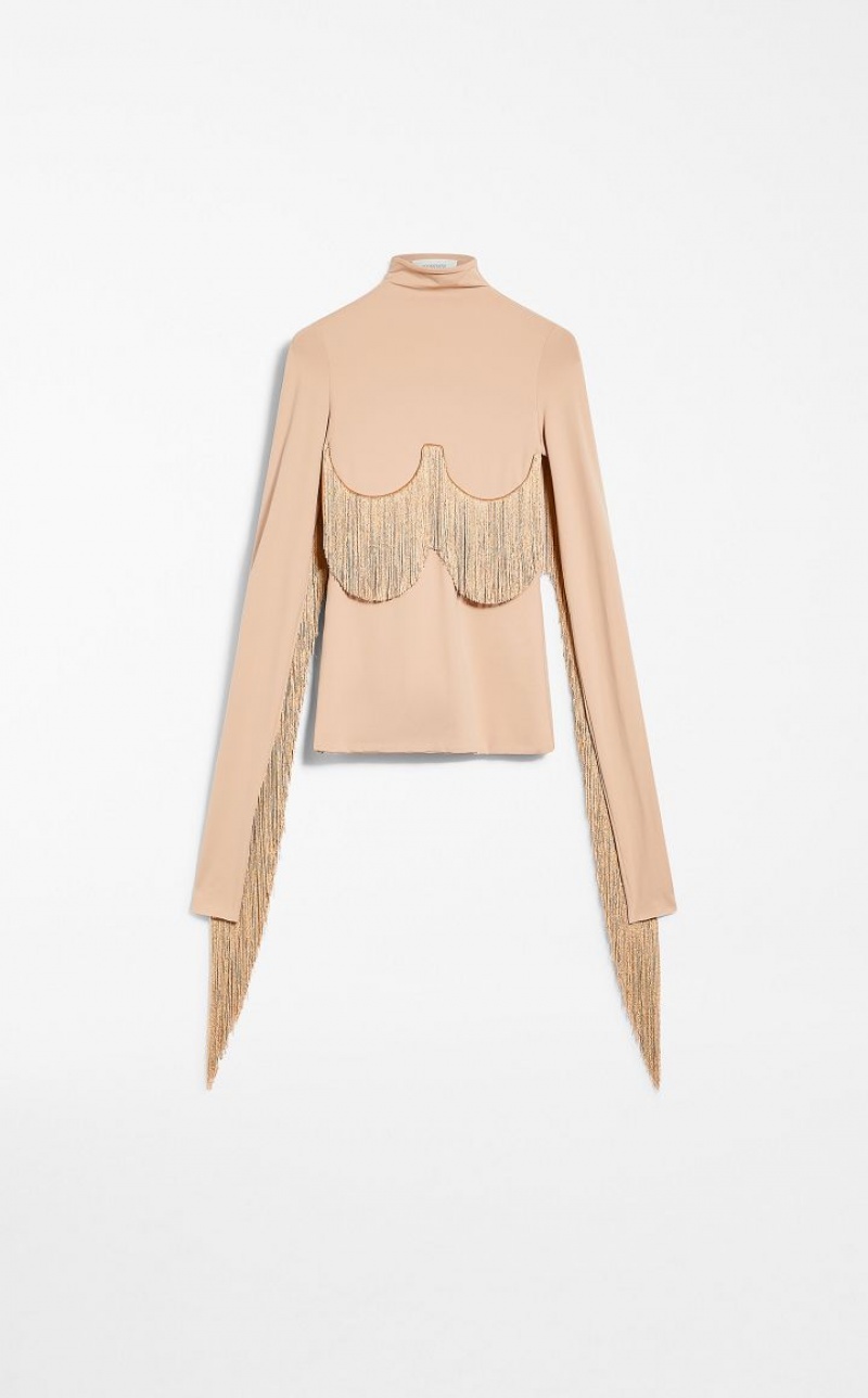 Tops Max Mara Long Fringe-adorned Mock Polo-neck Abricó | MMR593647