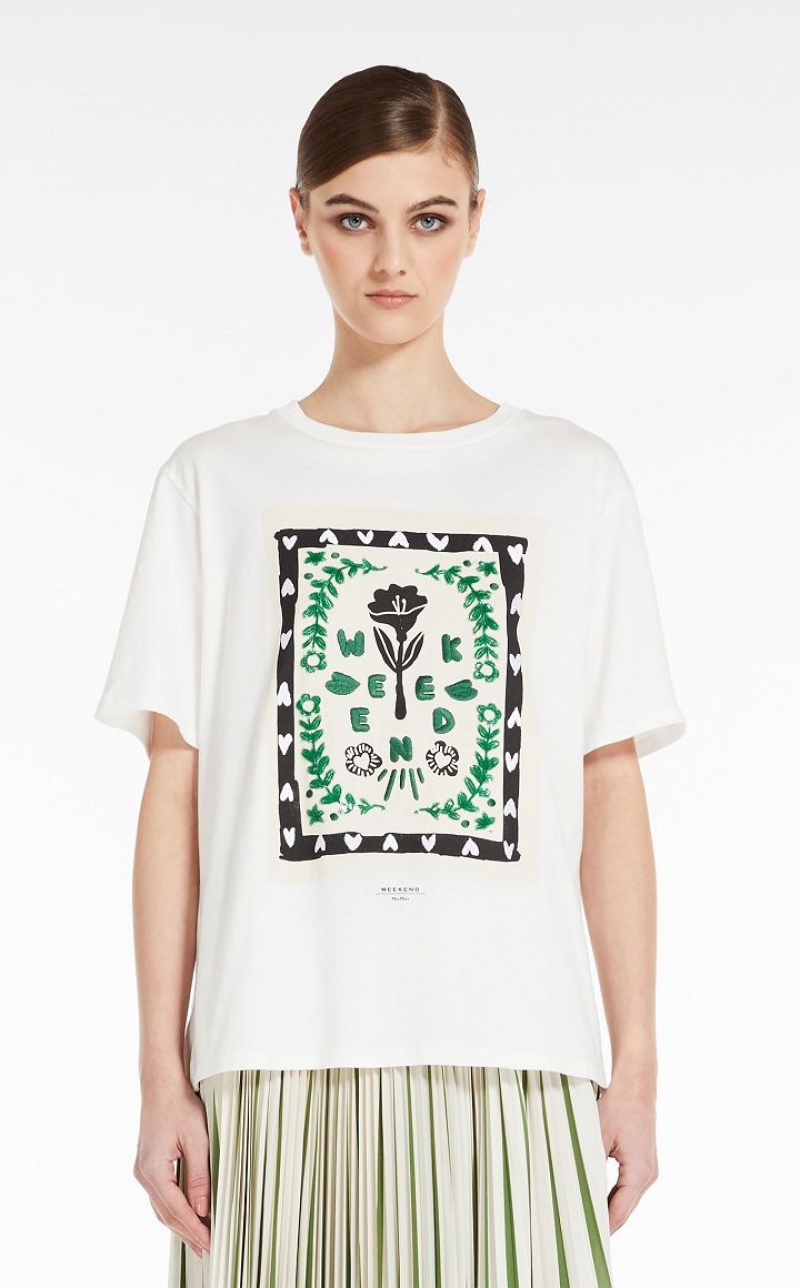 T-shirt Max Mara Jersey With Print And Embroidery Branco | MMR593635