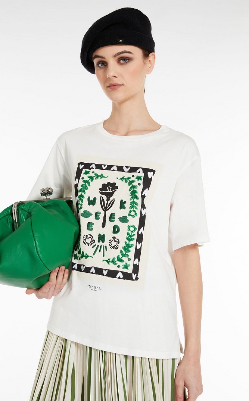 T-shirt Max Mara Jersey With Print And Embroidery Branco | MMR593635