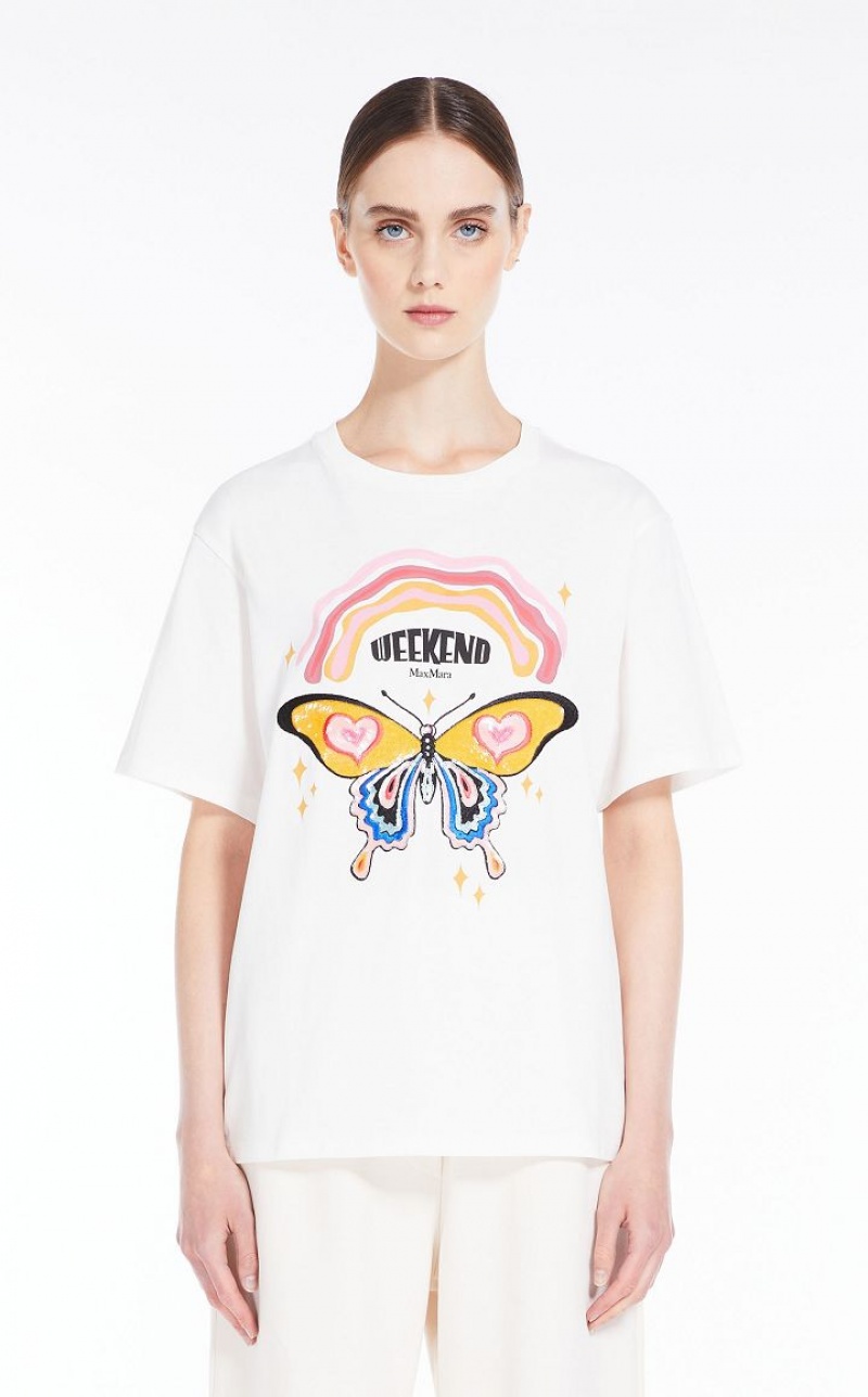 T-shirt Max Mara Jersey With Print And Embroidery Branco | MMR593649