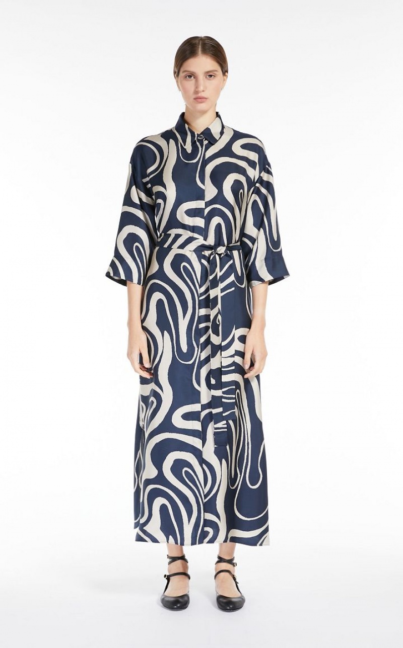 Vestidos Max Mara Printed Silk Shirt Azul Marinho | MMR593377